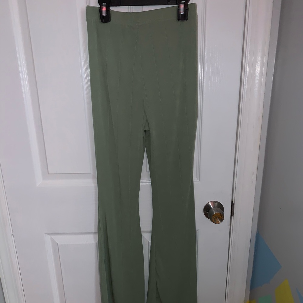 ribbed green wide leg pants